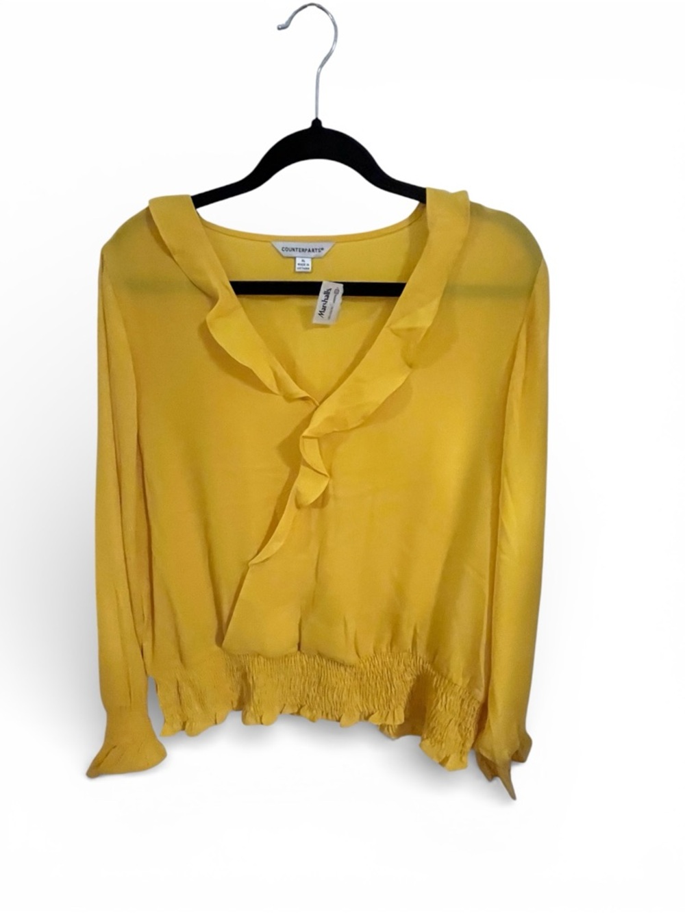 Yellow Ruffle-Trim Smocked-Hem Blouse